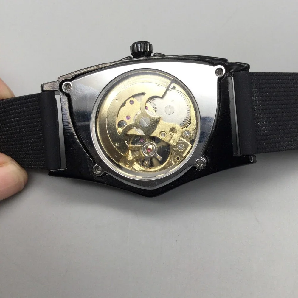 Winner Mens Watch 37mm Black Gold Skeleton Dial Automatic Triangle Case
